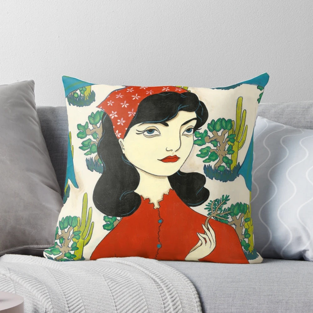 A vibrant, retro-inspired pillow featuring a portrait of a woman surrounded by colorful cacti.