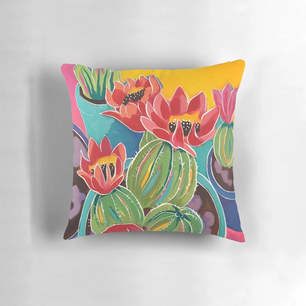 Decorative pillow featuring a colorful cactus blossom design in a southwestern style