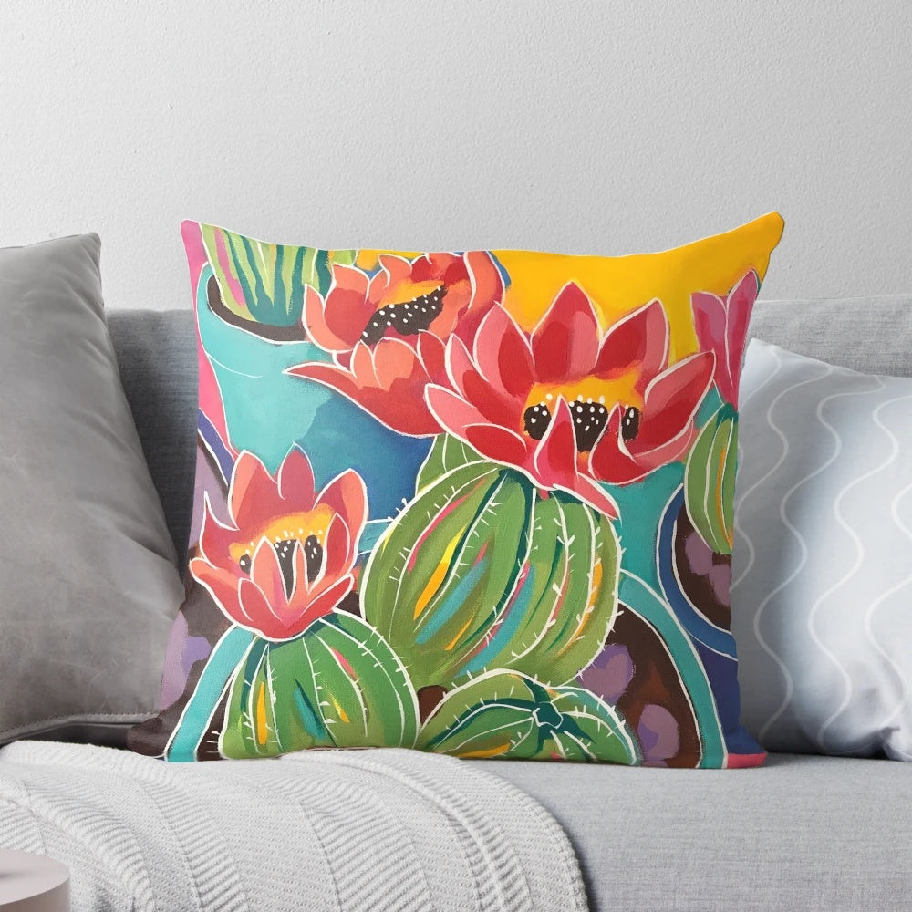 Decorative pillow featuring a colorful cactus blossom design in a southwestern style