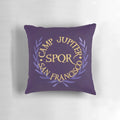 Colorful watercolor-style camp jupiter pillow featuring the logo from the Percy Jackson book series