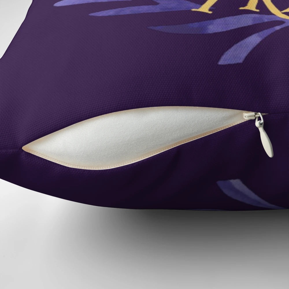 Colorful watercolor-style camp jupiter pillow featuring the logo from the Percy Jackson book series