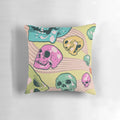 Colorful pillow featuring a psychedelic pop art design of candy skulls