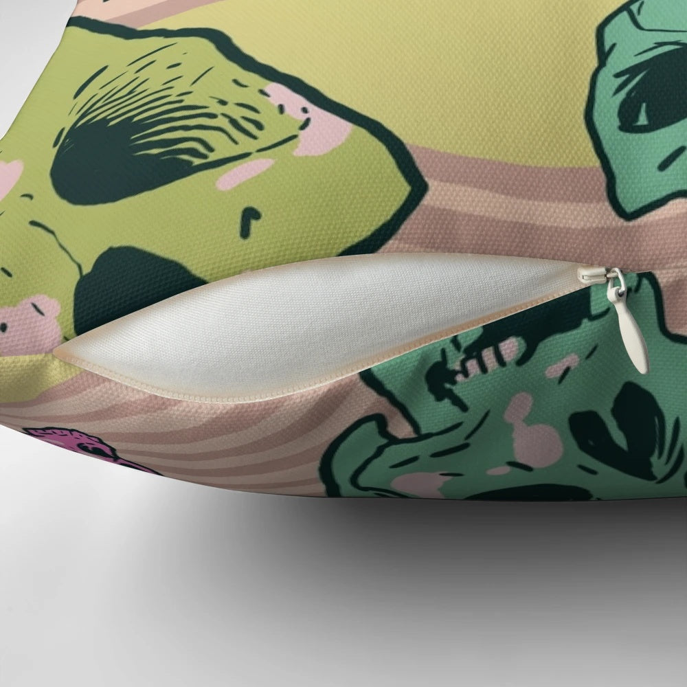 Colorful pillow featuring a psychedelic pop art design of candy skulls