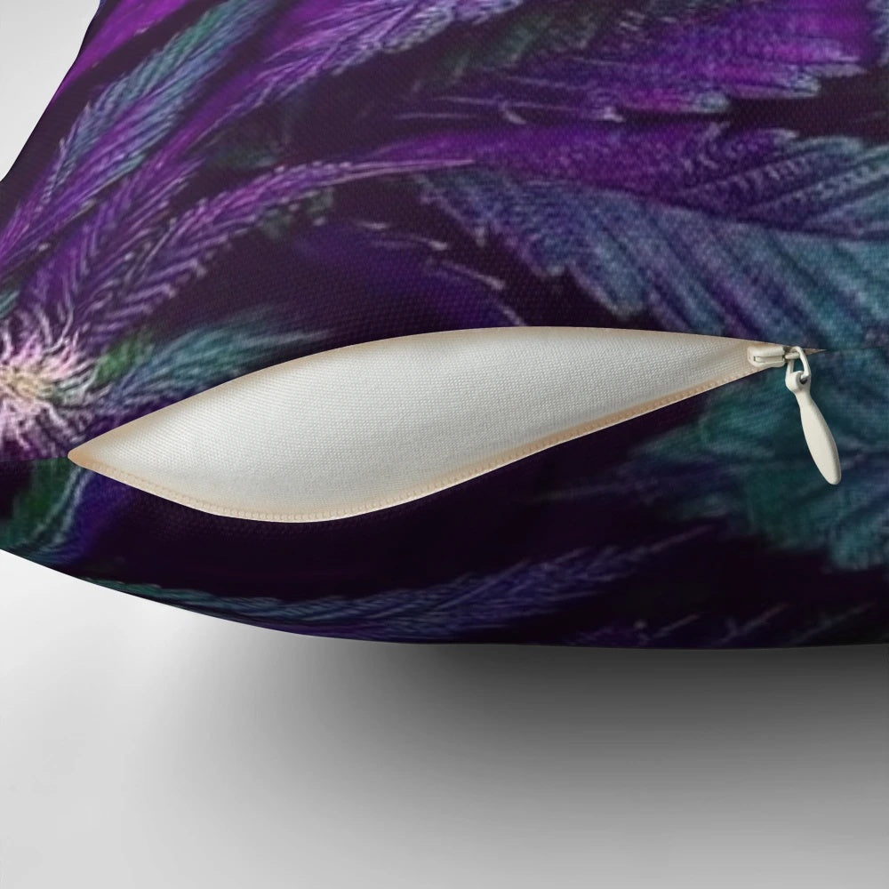 Colorful pillow featuring psychedelic purple cannabis/marijuana leaves