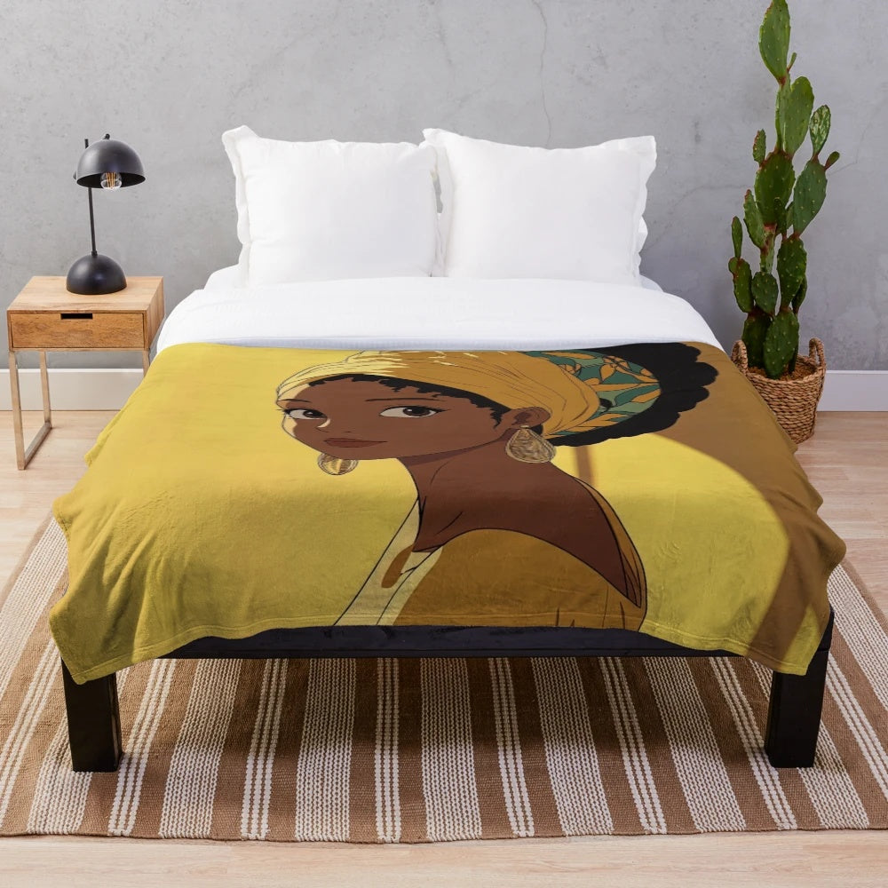 Colorful plush blanket featuring a portrait of a Cape Verdean woman in traditional attire, with an anime-inspired artistic style