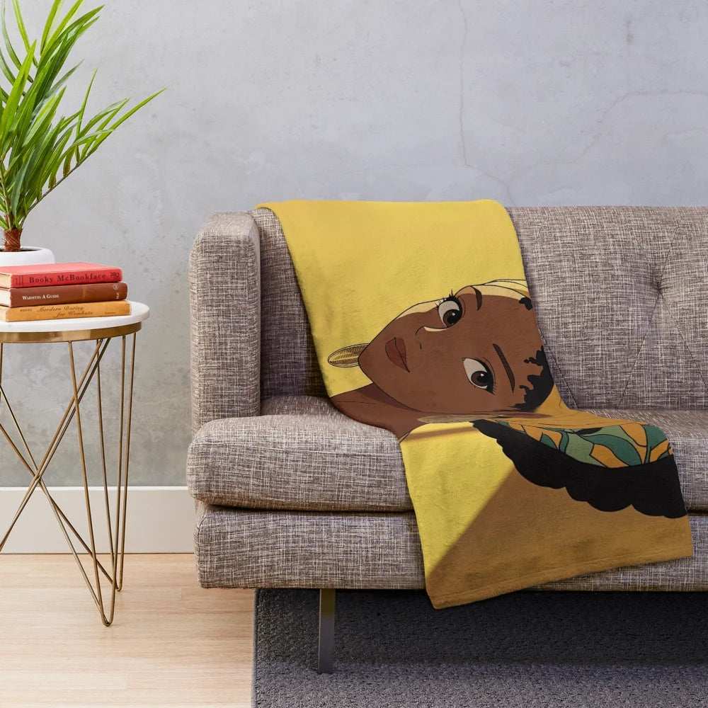 Colorful plush blanket featuring a portrait of a Cape Verdean woman in traditional attire, with an anime-inspired artistic style