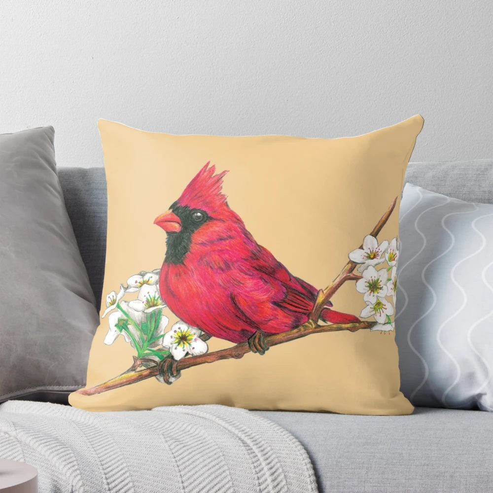 Colorful illustration of a vibrant red cardinal bird, the state bird of Kentucky, featured on a decorative throw pillow.