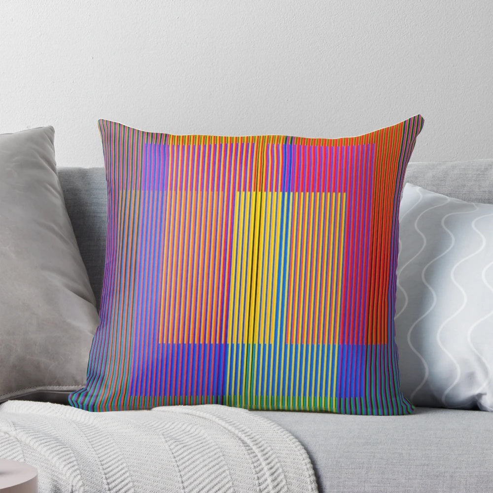 Colorful Carlos Cruz-Diez inspired op art pillow with abstract chromatic structures