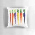 Colorful watercolor carrot pillow with purple, pink, and orange hues