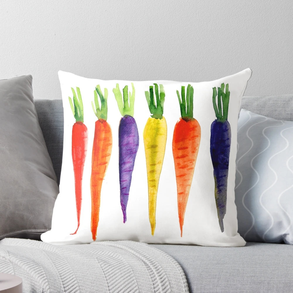 Colorful watercolor carrot pillow with purple, pink, and orange hues