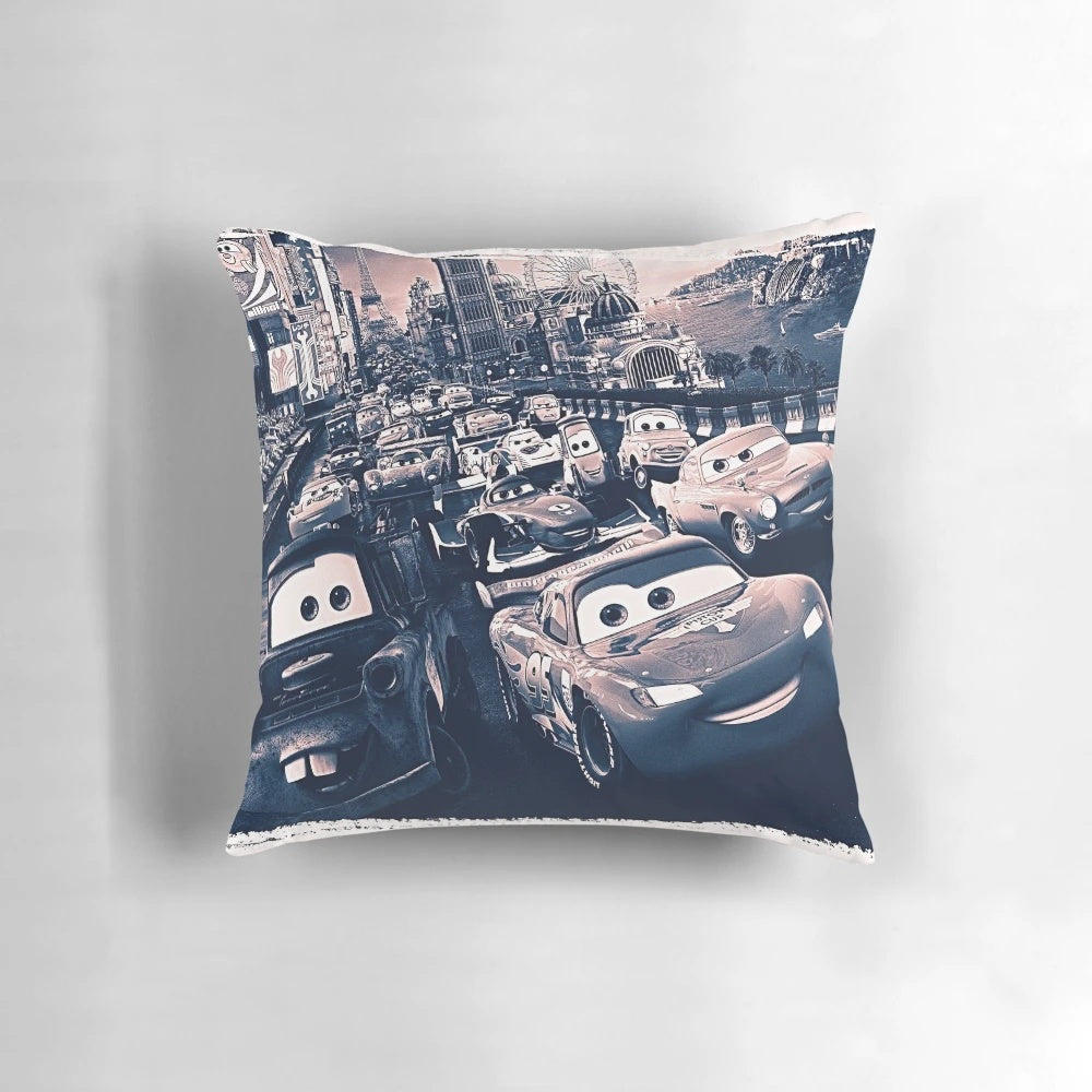 Colorful Cars-themed throw pillow with iconic characters like Lightning McQueen and Mater