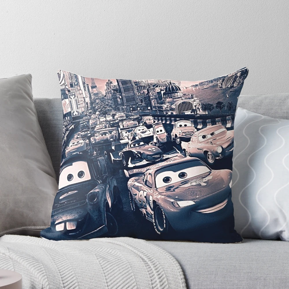 Colorful Cars-themed throw pillow with iconic characters like Lightning McQueen and Mater