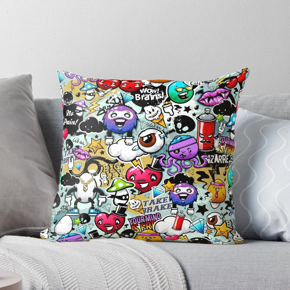 Colorful pop art inspired pillow featuring hand-drawn cartoon faces in a graffiti-style comic design.