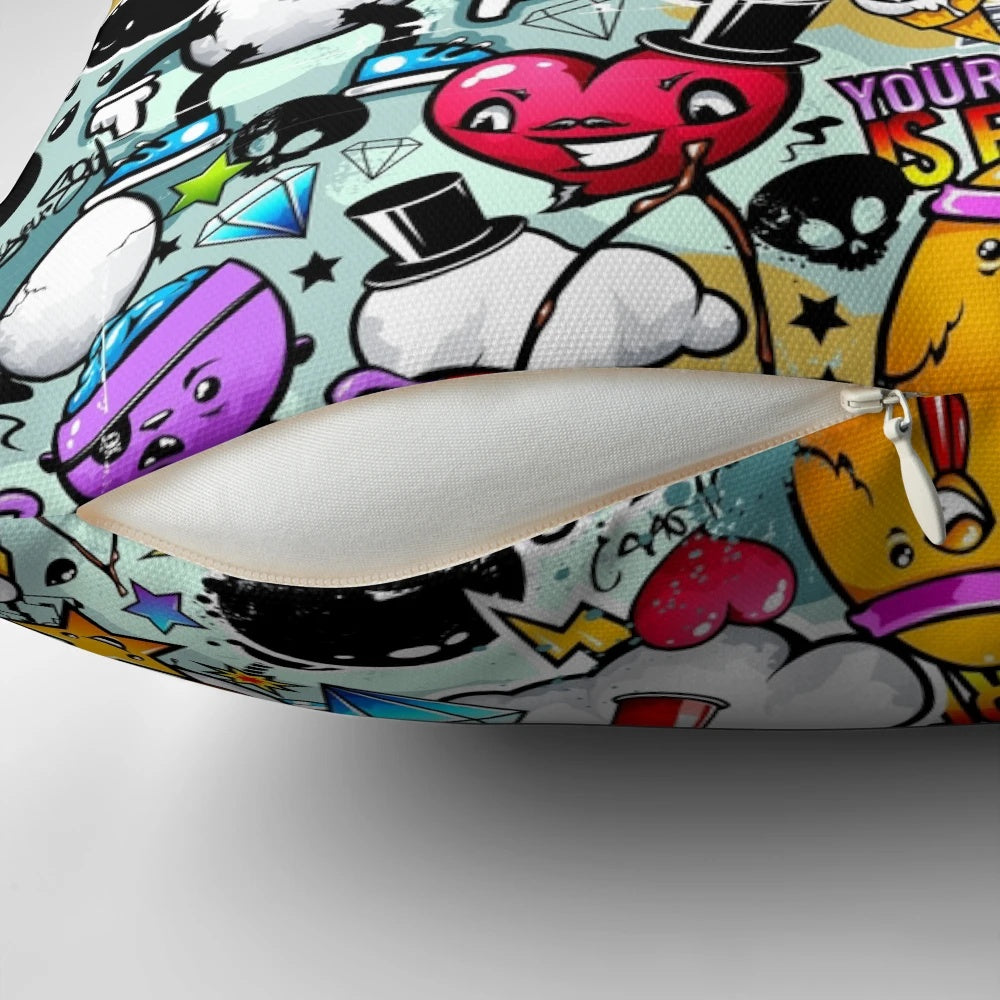 Colorful pop art inspired pillow featuring hand-drawn cartoon faces in a graffiti-style comic design.