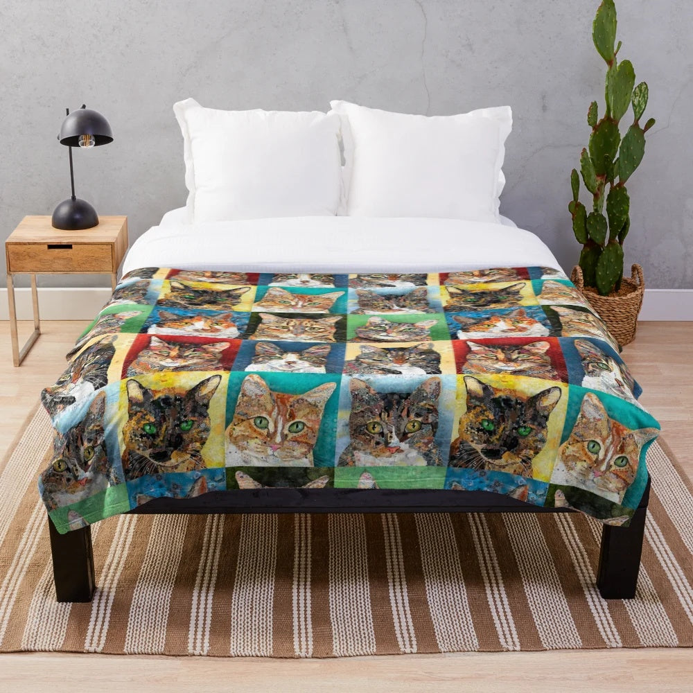Colorful plush blanket featuring a collage of cats in various poses