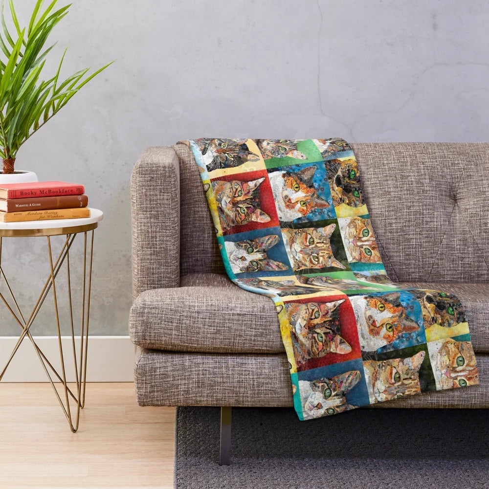 Colorful plush blanket featuring a collage of cats in various poses