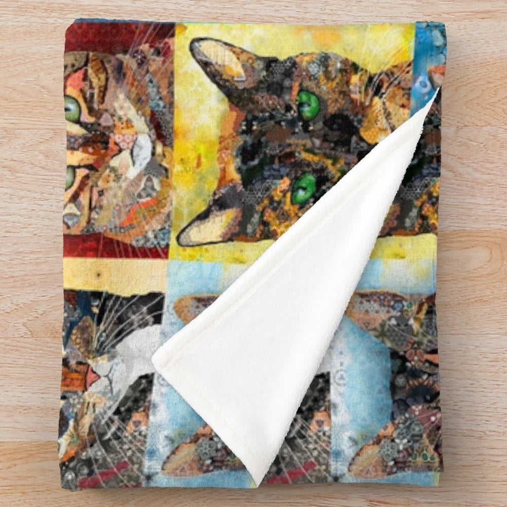 Colorful plush blanket featuring a collage of cats in various poses
