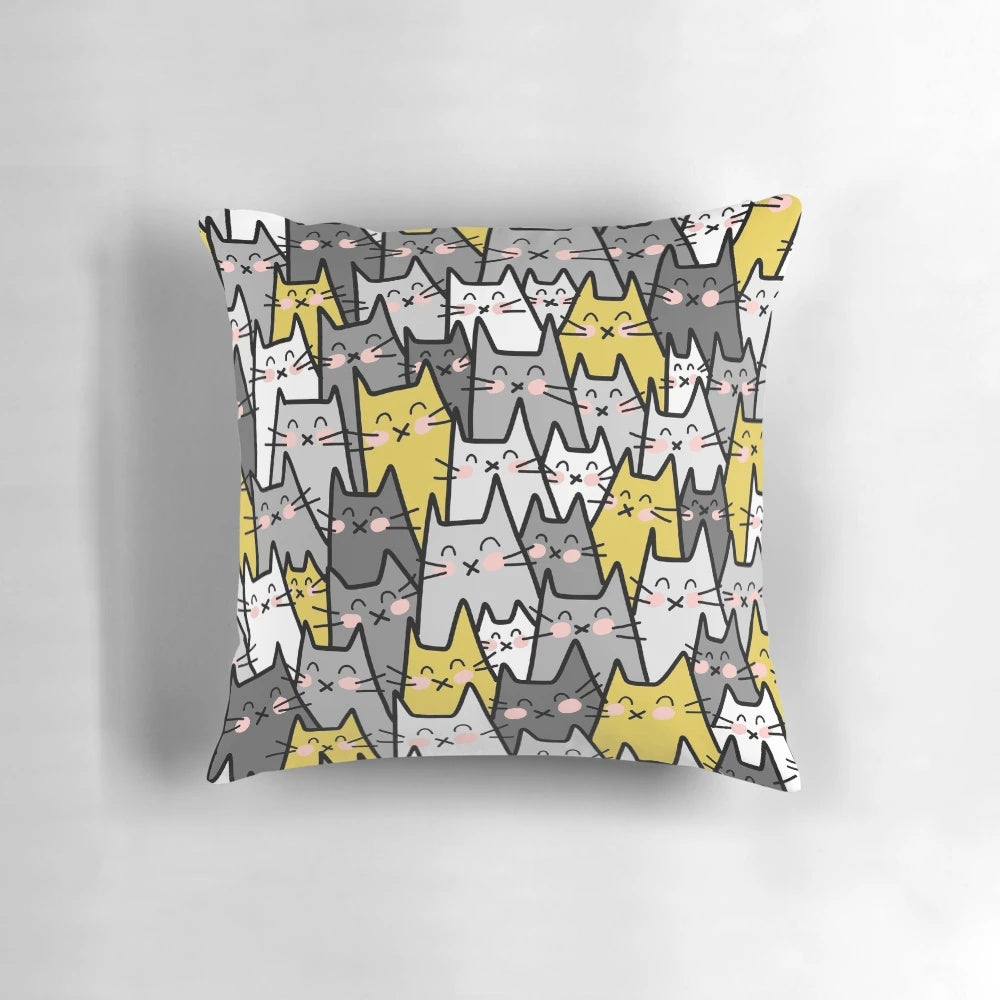 Stylish throw pillow featuring a group of playful cats in a colorful, fun design.