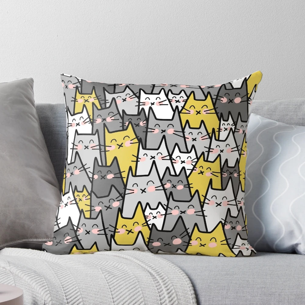 Stylish throw pillow featuring a group of playful cats in a colorful, fun design.
