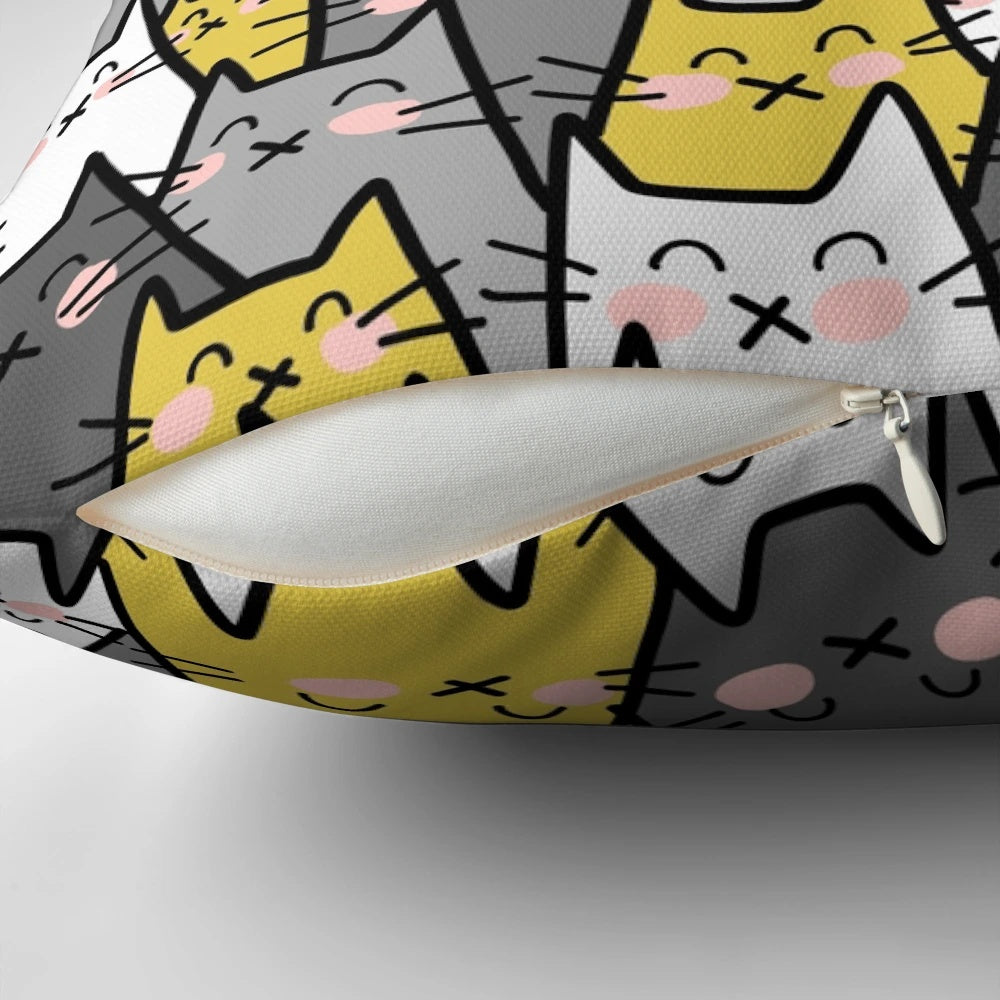 Stylish throw pillow featuring a group of playful cats in a colorful, fun design.