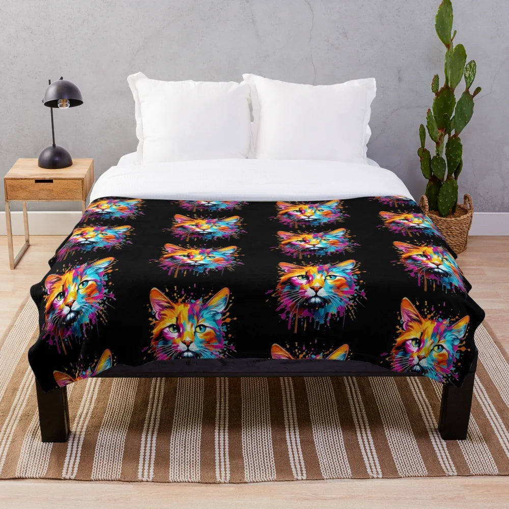 Colorful cat-themed plush blanket with splash pattern design