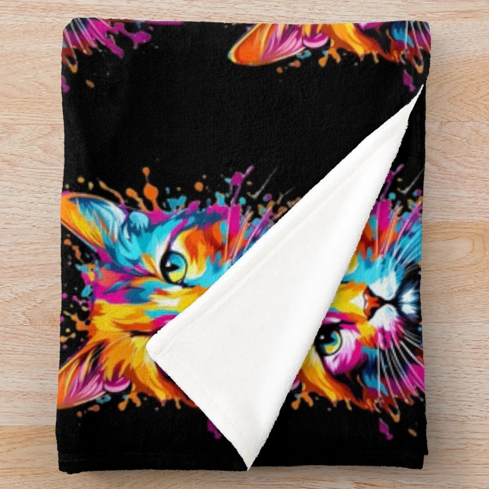 Colorful cat-themed plush blanket with splash pattern design