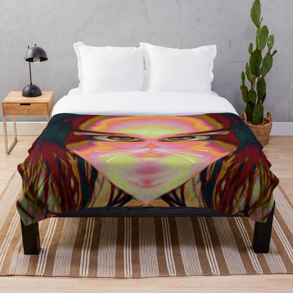 Colorful plush blanket featuring a cat-inspired abstract pattern