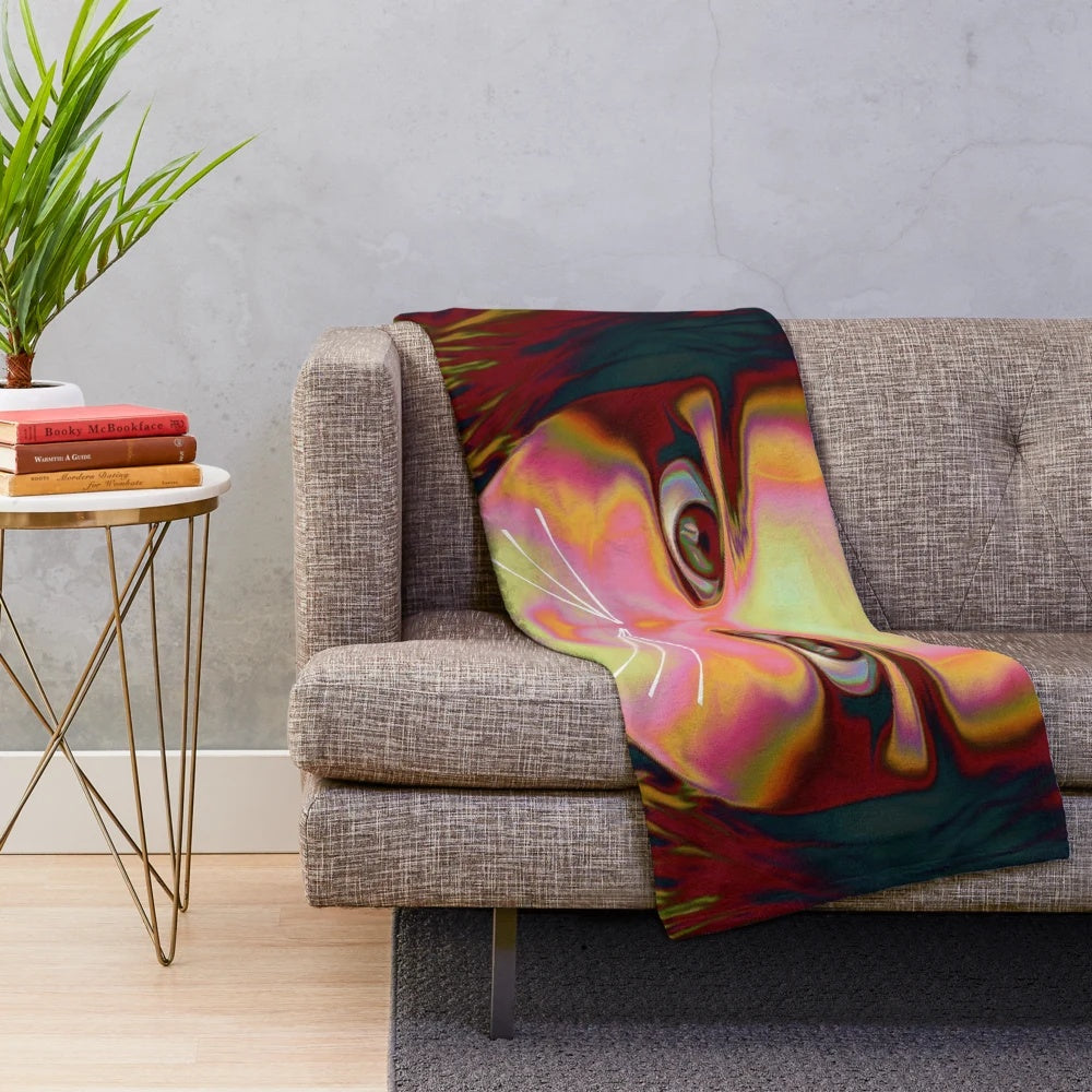 Colorful plush blanket featuring a cat-inspired abstract pattern