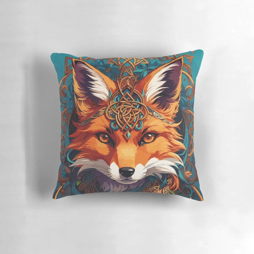 Vibrant and detailed Celtic-inspired illustration of a fox on a decorative throw pillow.