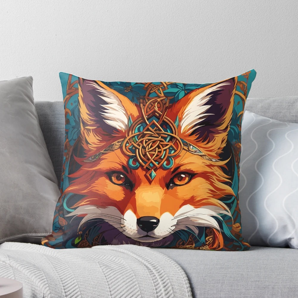 Vibrant and detailed Celtic-inspired illustration of a fox on a decorative throw pillow.