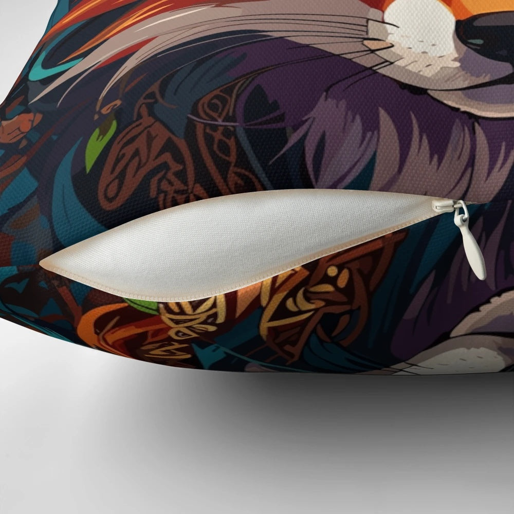 Vibrant and detailed Celtic-inspired illustration of a fox on a decorative throw pillow.