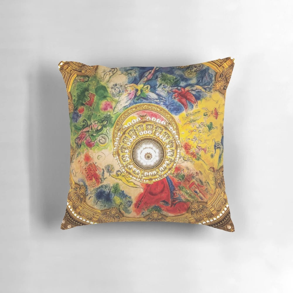 Chagall-inspired pillow with vibrant colors and patterns, showcasing the architecture and beauty of Paris