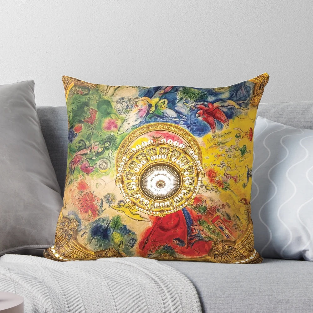 Chagall-inspired pillow with vibrant colors and patterns, showcasing the architecture and beauty of Paris