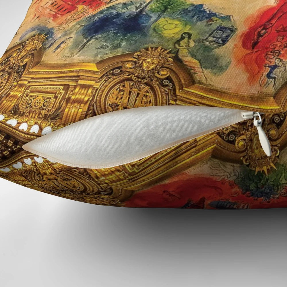 Chagall-inspired pillow with vibrant colors and patterns, showcasing the architecture and beauty of Paris