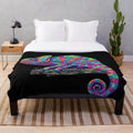 Colorful chameleon plush blanket with vibrant rainbow pattern