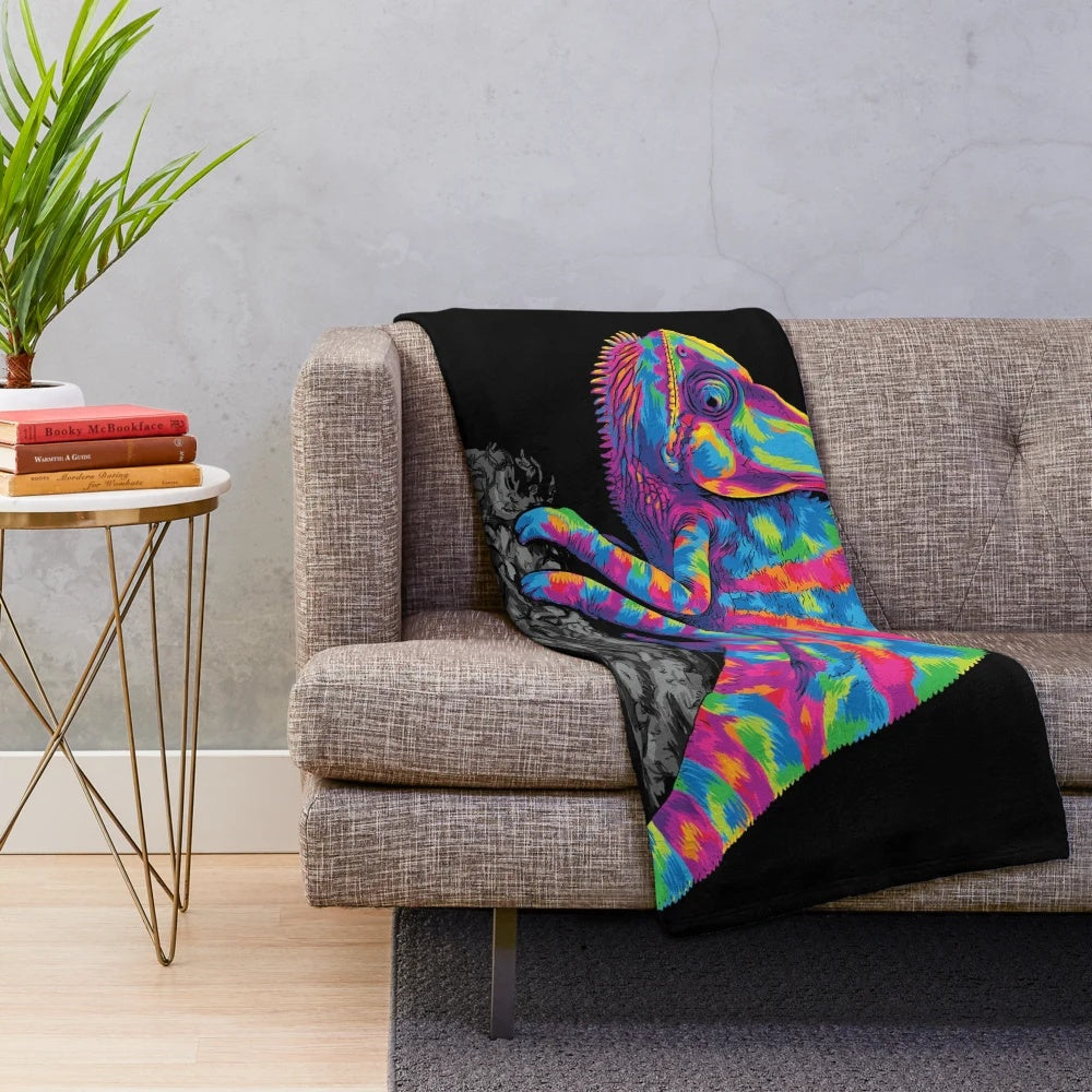 Colorful chameleon plush blanket with vibrant rainbow pattern