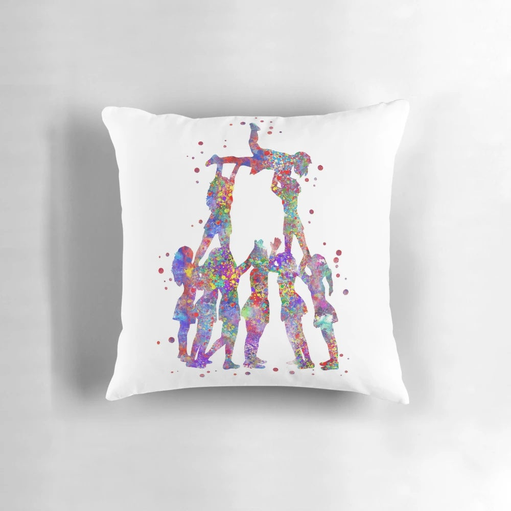 Colorful watercolor illustration of cheerleader girls on a pillow