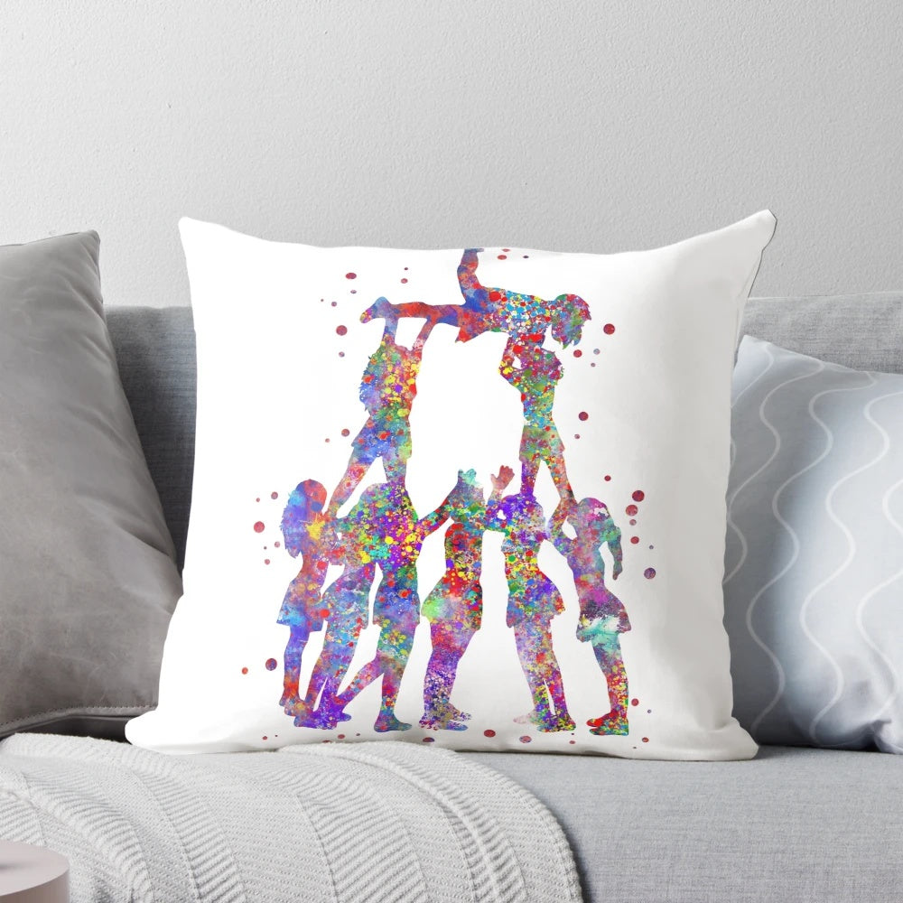 Colorful watercolor illustration of cheerleader girls on a pillow