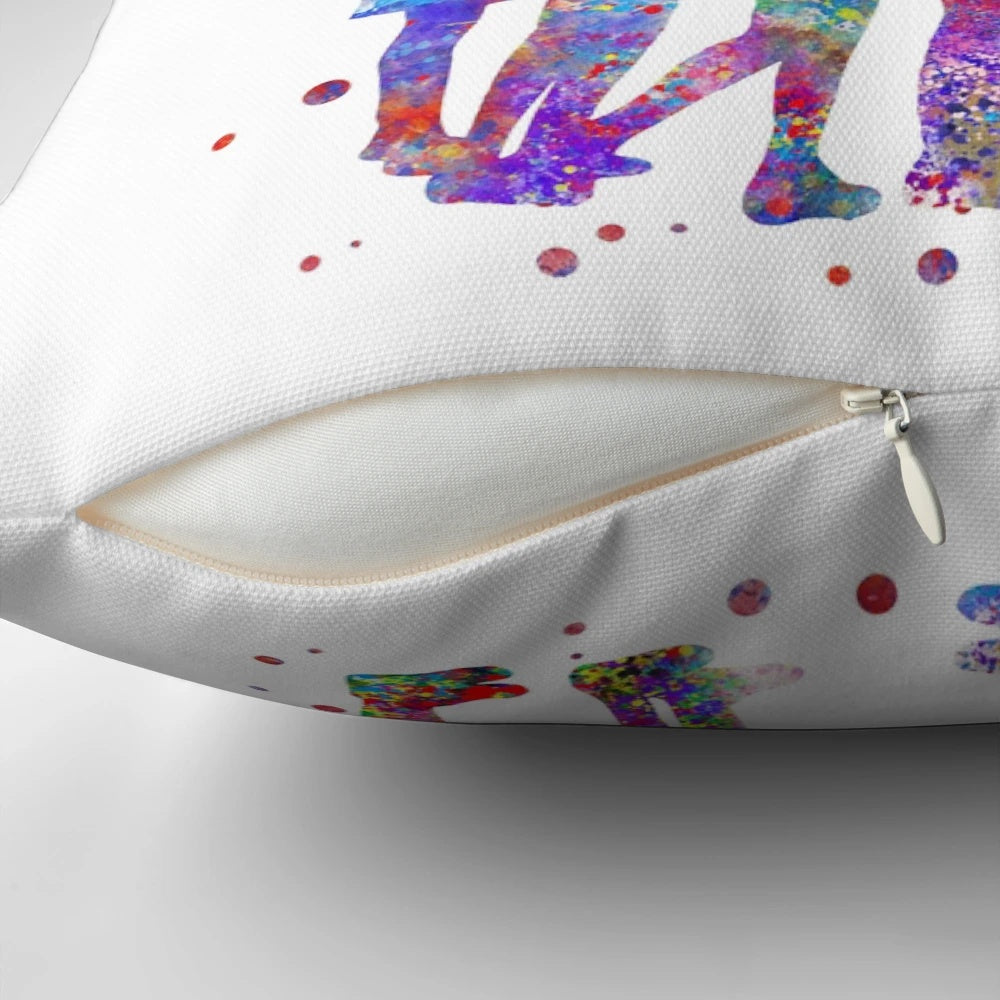 Colorful watercolor illustration of cheerleader girls on a pillow