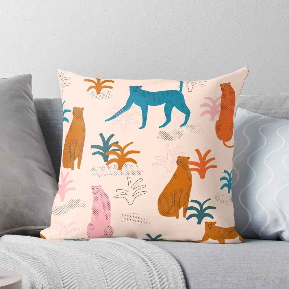 Colorful throw pillow featuring a majestic cheetah in a lush jungle setting