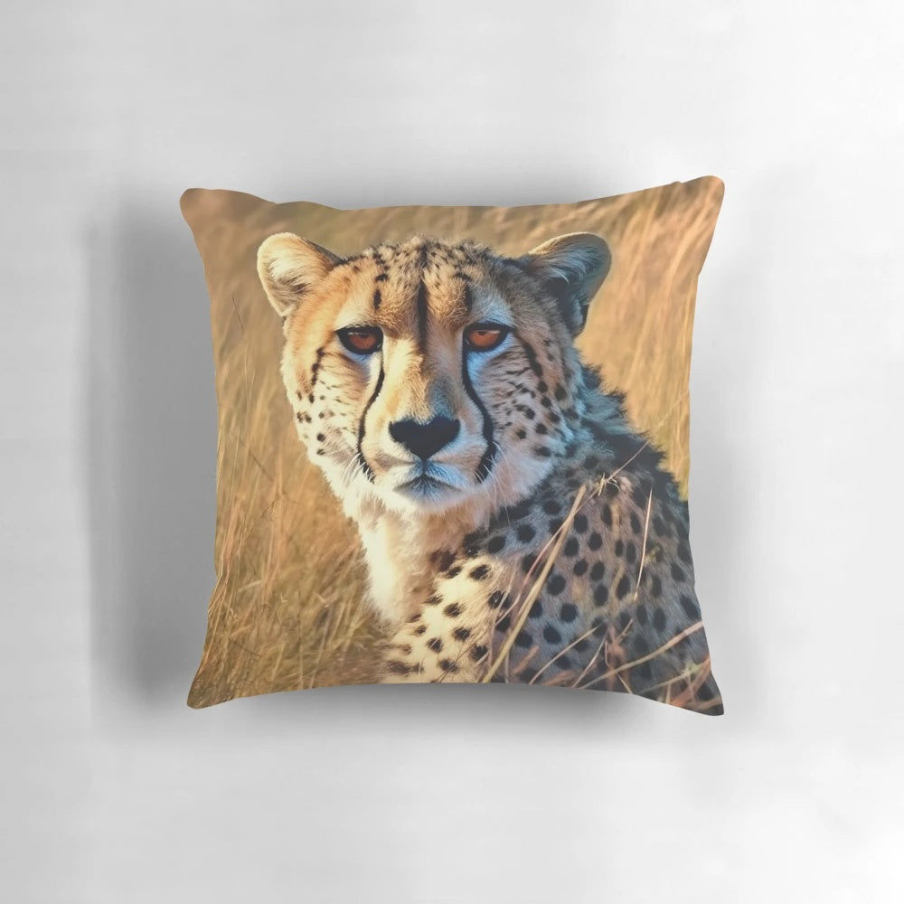 A high-quality decorative pillow featuring a close-up photograph of a cheetah's face against a natural background.