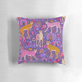 Stunning navy blue throw pillow featuring a colorful illustration of cheetahs in a rainbow garden