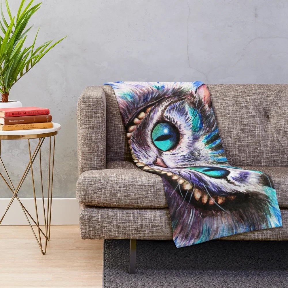 Cheshire cat watercolor portrait plush blanket