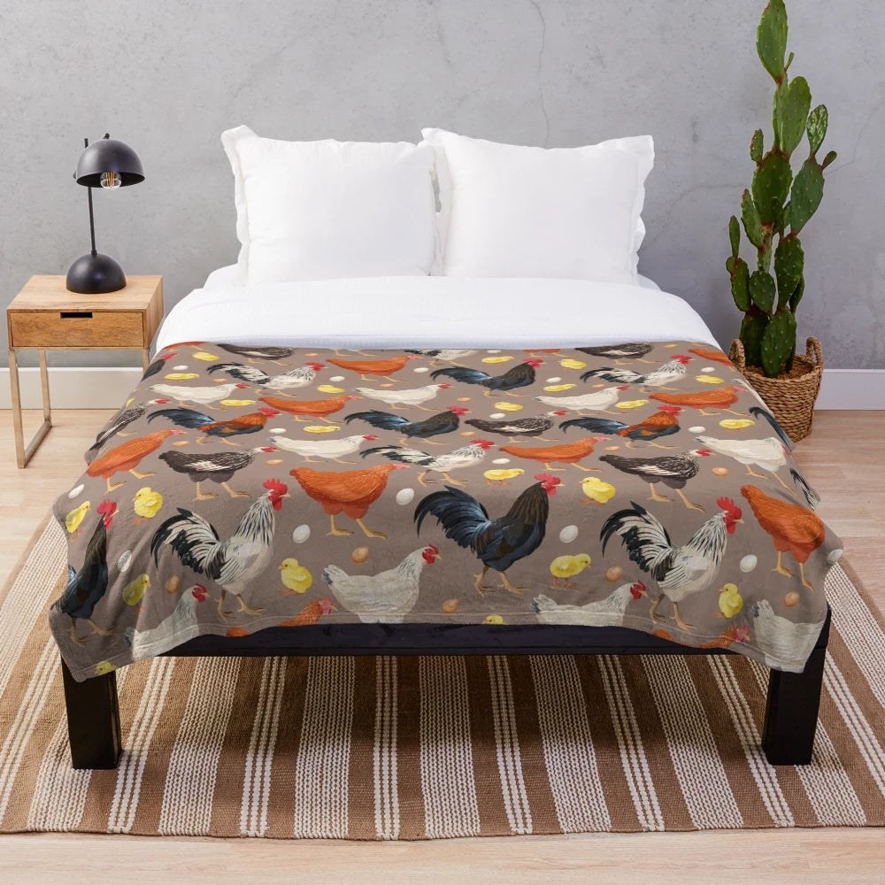 Cozy chicken pattern plush blanket with colorful, whimsical design