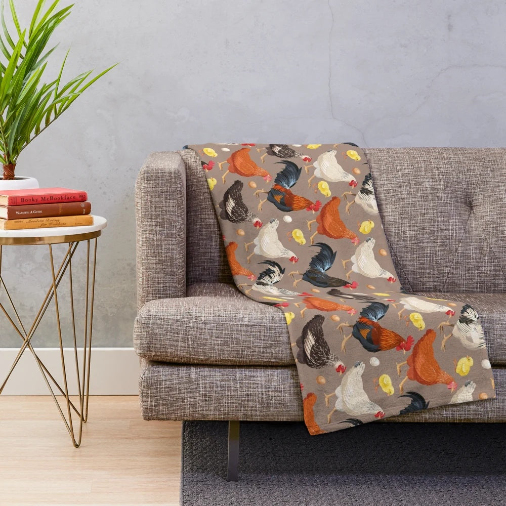 Cozy chicken pattern plush blanket with colorful, whimsical design
