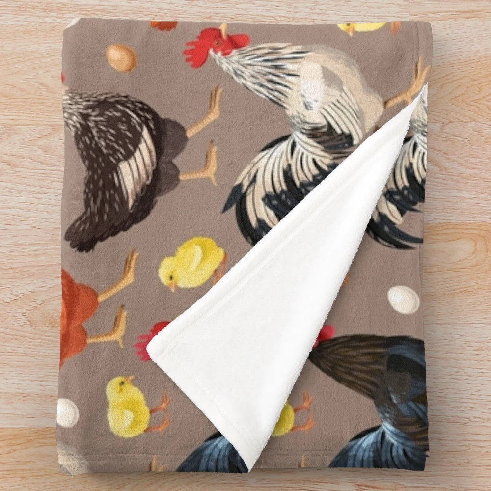 Cozy chicken pattern plush blanket with colorful, whimsical design