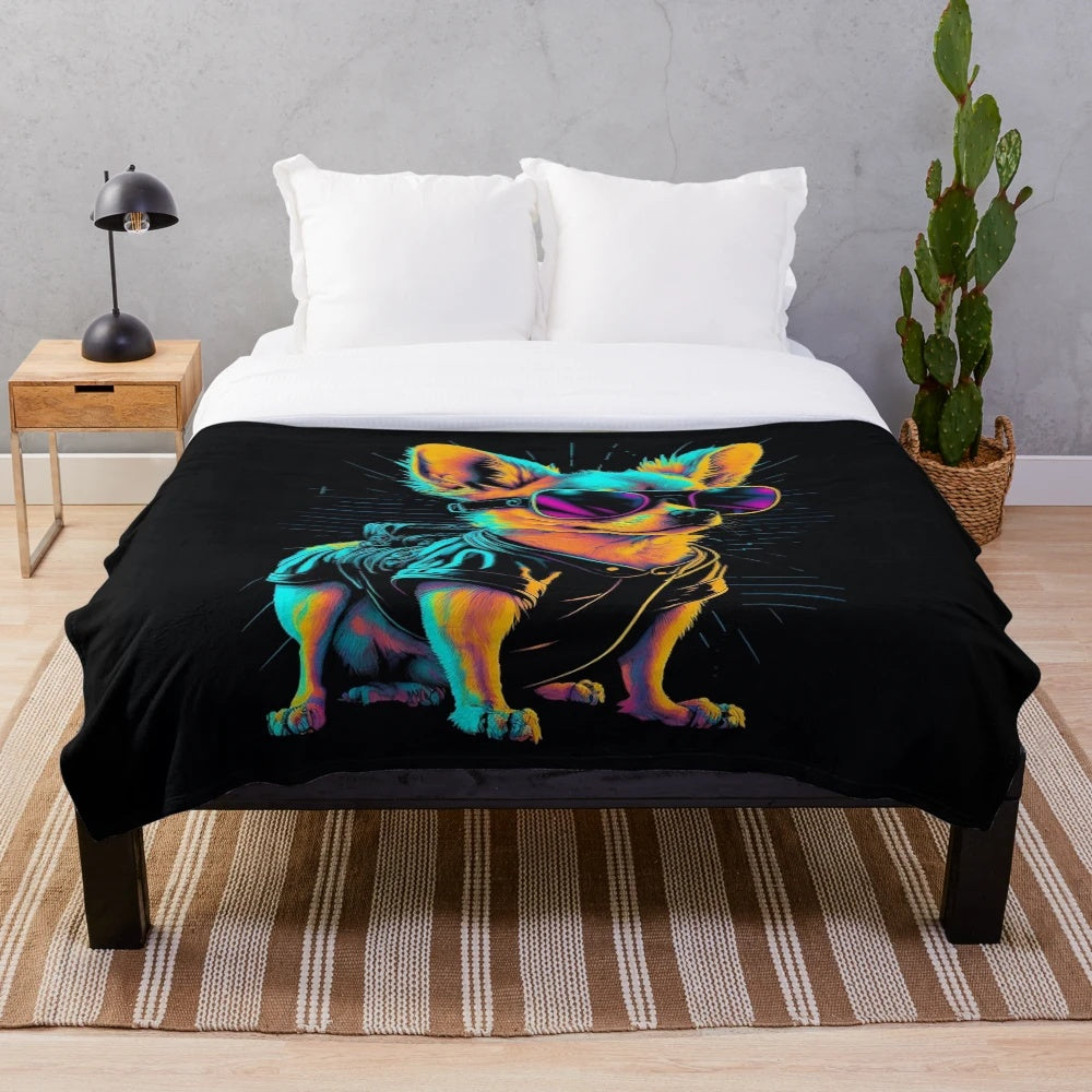 Colorful and cool Chihuahua plush blanket with pop art and retro wave design