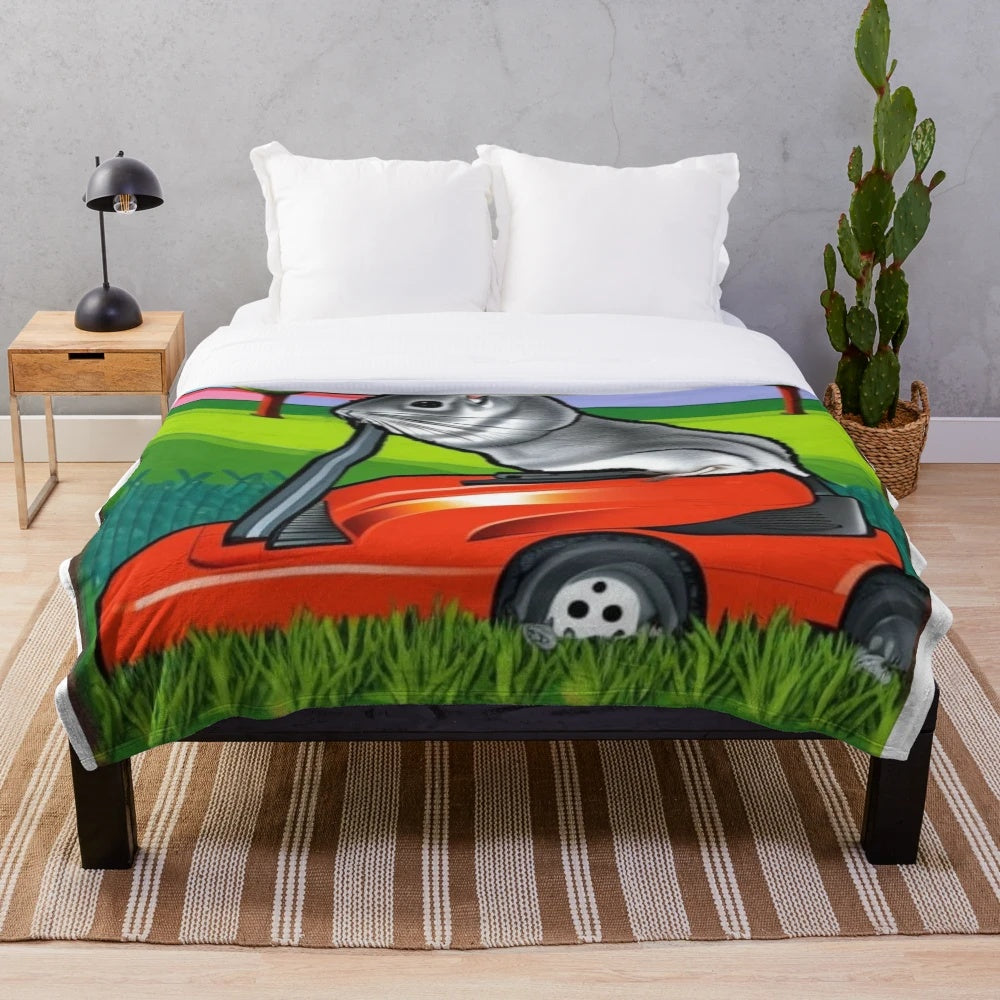 Colorful chinchilla mowing the lawn in a pop art style plush blanket