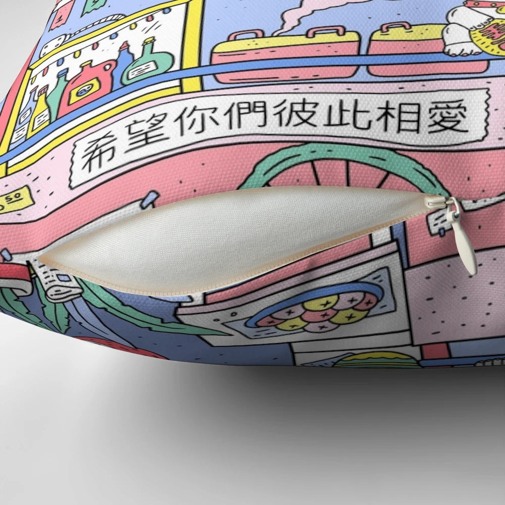Colorful Pillow featuring a Manekineko or Lucky Cat motif
