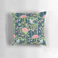 Decorative pillow cover featuring a vibrant pattern of chrysanthemums, birds, and bamboo in shades of teal, pink, and green.